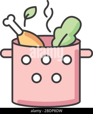 Cooking food RGB color icon. Boiling chicken soup in kitchenware. Dish recipe. Prepare casserole for diner. Homemade broth with meat and vegetable Stock Vector