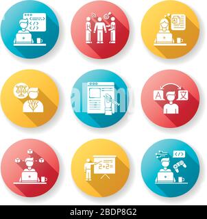 Freelance jobs flat design long shadow glyph icons set. Creative design and translation, teaching. Legal services and PR management, web and game Stock Vector