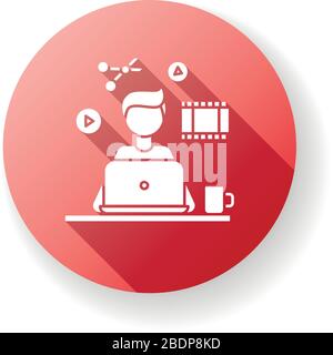 Video editor red flat design long shadow glyph icon. Multimedia content creating, movie editing. Audio and video production, media files designingt Stock Vector