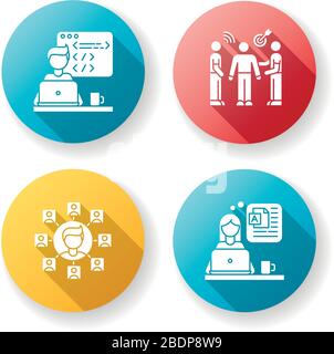 Distant works flat design long shadow glyph icons set. Web developer and public relations officer, blogger and SEO specialist. Branding, blogging and Stock Vector