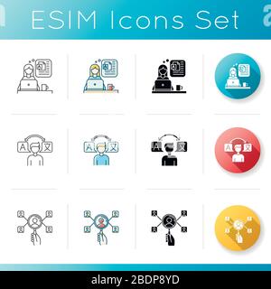 Freelance professions, data entry jobs icons set. Interpretation, blogging and HR management. Remote staff recruitment service. Linear, black and RGB Stock Vector