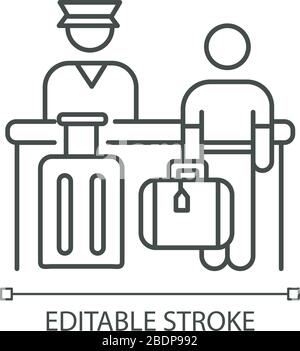 Airport check in pixel perfect linear icon. Passenger waiting at registration desk. Thin line customizable illustration. Contour symbol. Vector Stock Vector
