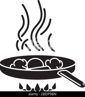 Frying black glyph icon. Fast food preparation, meal preparation in oil silhouette symbol on white space. Culinary technique. Cooking pan with Stock Vector