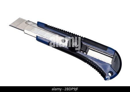 Blue stationery knife. Isolated on white with clipping path. Clerical knife. Close up Stock Photo
