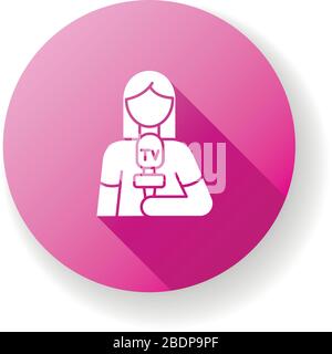 Journalist pink flat design long shadow glyph icon. Person delivering news. Woman holding microphone. Broadcasting on television. Mass press presenter Stock Vector