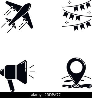 Holiday recreation black glyph icons set on white space. Planning event. Travel with airplane. Celebrate event. Loudspeaker sign. GPS point location Stock Vector
