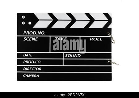 Closed cinema clap board with scene, director, sound type of set information headers, isolated on white background. Stock Photo