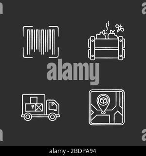 Goods availability and quality control chalk white icons set on black background. Storage place, goods spoilage and receipt. Product barcode Stock Vector