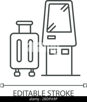 Check in kiosk pixel perfect linear icon. Self serving terminal. Confirm suitcases before flight. Thin line customizable illustration. Contour symbol Stock Vector
