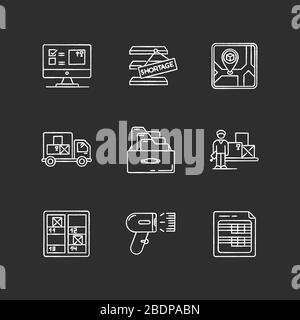 Inventory control and bookkeeping chalk white icons set on black background. Spreadsheets and card system. Storage place, goods shortage and receipt Stock Vector