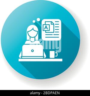 Blog writing blue flat design long shadow glyph icon. Freelance blogger, rewriter, online publishing, post author. Blogging, website constant content Stock Vector