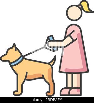 Pet sitting RGB color icon. Woman with dog on leash. Pet owner. Obedient domestic animal. Trainer service from female professional. Girl walk outdoor Stock Vector