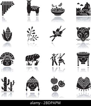 Peru drop shadow black glyph icons set. Peruvian sights, culture, nature, cuisine. Alpaca, guinea pig, siku, poncho, cherimoya, ceviche, jaguar Stock Vector