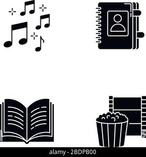 Recreation black glyph icons set on white space. Musical notation. Sound notes. Personal diary. Hobbies for relaxation. Leisure activities. Silhouette Stock Vector