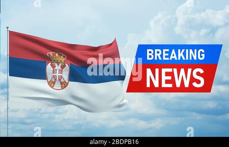 Breaking news. World news with backgorund waving national flag of Serbia. 3D illustration. Stock Photo