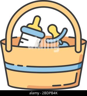 Babysitter set RGB color icon. Baby pacifier and essentials to bring along. Bottle for feeding infant child. Bag with items for child care. Child care Stock Vector