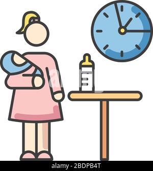 Part time babysitter RGB color icon. Babysitting service worker. Girl looking after baby. Day child care. Help with infant kid. Waiting for feeding Stock Vector