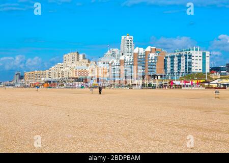 Scheveningen, Netherlands - April 7, 2016: Scheveningen beach panorama with dutch flag, houses near Hague, Holland Stock Photo