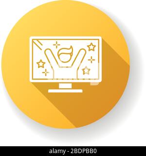 Reality TV star yellow flat design long shadow glyph icon. Television program with host. Fun entertainment. Watch TV series on display. Male presenter Stock Vector
