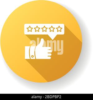 Product review yellow flat design long shadow glyph icon. Thumbs up. Five star film. Excellent quality. Customer satisfaction rate. Assessment and Stock Vector