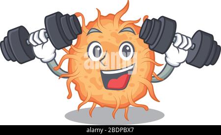 Mascot design of smiling Fitness exercise bacteria endospore lift up barbells Stock Vector