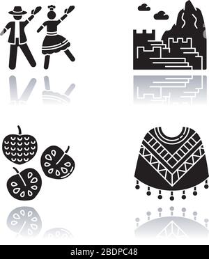 Peru drop shadow black glyph icons set. Andean tourist attractions. Marinera, Machu Picchu, cherimoya, poncho. Trip in Latin America. Isolated vector Stock Vector