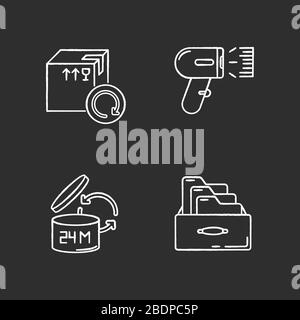 Merchandise quality accounting and control chalk white icons set on black background. Goods shelf life checking, barcode scanning. Product selling and Stock Vector