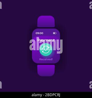 Payment received smartwatch interface vector template. Mobile app notification night mode design. Money transaction message screen. Flat UI for Stock Vector