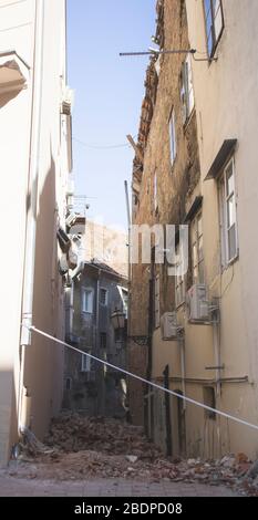 Old brick houses in the center of Zagreb city devastated by heavy earthquake, pictures showing damage after the hit. Stock Photo