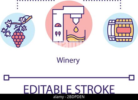 Winery concept icon. Distillery technology to make alcohol grape beverage. Wine production process idea thin line illustration. Vector isolated Stock Vector