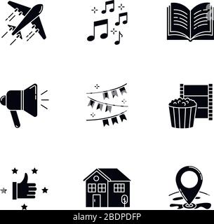 Recreation black glyph icons set on white space. Travel with flight. Loudspeaker broadcast. Event decoration. Movie night. Recommendation sign Stock Vector