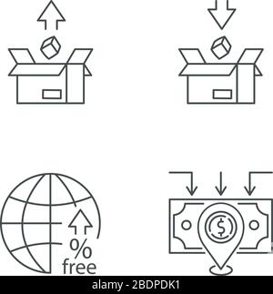 International trade, customs taxes pixel perfect linear icons set. Tariffs and foreign direct investment. Customizable thin line contour symbols Stock Vector
