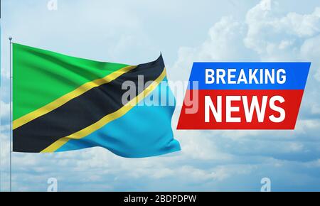Breaking news. World news with backgorund waving national flag of Tanzania. 3D illustration. Stock Photo