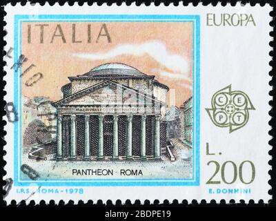 Pantheon of Rome on italian postage stamp Stock Photo