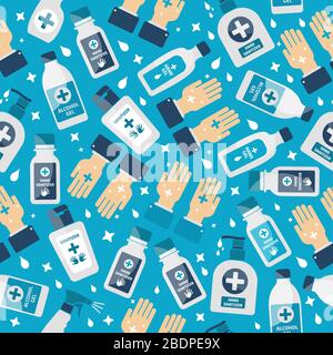 Vector hand sanitizer symbol, alcohol bottle for hygiene, isolated on blue icon template, medical illustration. Seamless pattern. Stock Vector