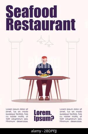 Seafood restaurant poster template. Delicious sea food, marine cuisine commercial flyer design with semi flat illustration. Vector cartoon promo card Stock Vector