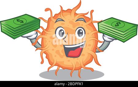 A wealthy bacteria endospore cartoon character having money on hands Stock Vector
