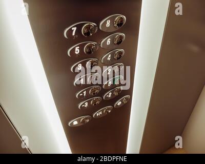Buttons with floors numbers in an elevator / lift Stock Photo