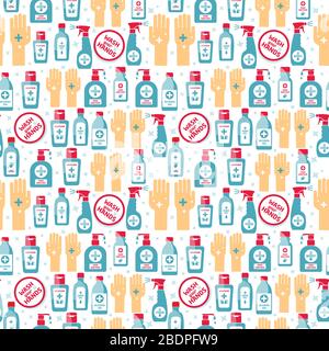 Vector hand sanitizer symbol, alcohol bottle for hygiene, isolated on white, sign and icon template, medical illustration. Seamless pattern. Stock Vector