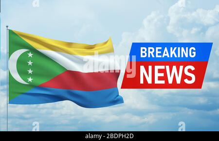 Breaking news. World news with backgorund waving national flag of Comoros. 3D illustration. Stock Photo