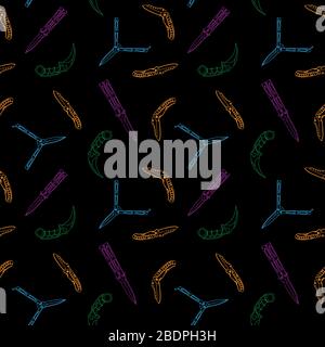 Cool seamless pattern with colorful contour pocket knives, carambits and balisongs on black background Stock Vector