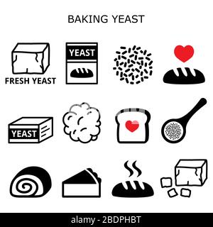 Baking yeast vector icons set - baking bread and cakes idea, yeast dough, beer and wine production Stock Vector
