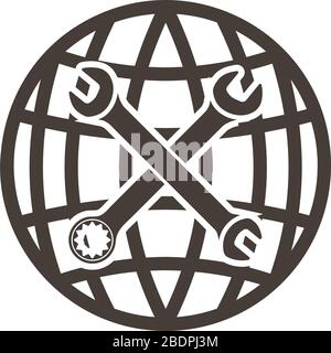 Labour day emblem with wrenches and planet. Vector illustration. Stock Vector