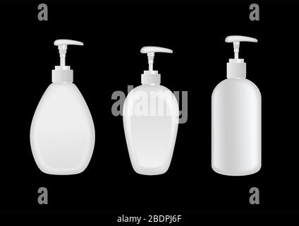 Set of white plastic bottles with dispenser. Hand sanitizer or liquid soap mockup Stock Vector