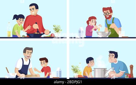 Cooking people, fathers and children with food flat vector illustrations set. Daddies and kids preparing dinner, family members with utensil and Stock Vector