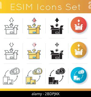 International trade, customs taxes icons set. Export and import tariffs, payments balance, country economic transactions record. Linear, black and RGB Stock Vector