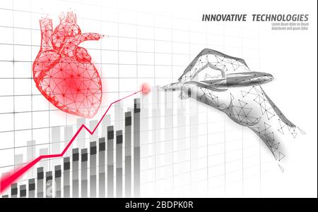 Heart science 3D medicine low poly concept. Triangle red pharmacy drugstore background. Growing trend drug treatment recovery meds vector illustration Stock Vector