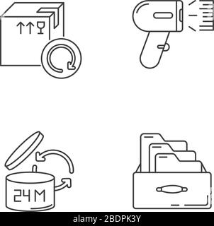 Merchandise quality accounting and control pixel perfect linear icons set. Goods shelf life checking. Customizable thin line contour symbols. Isolated Stock Vector