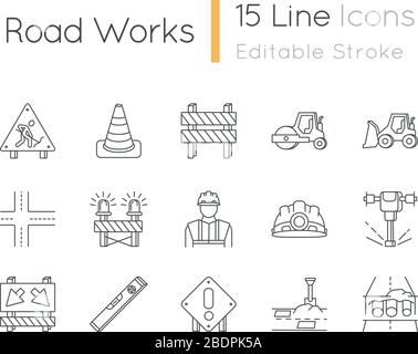 Road works pixel perfect linear icons set. Roadsign for construction. Worker in safety helmet. Customizable thin line contour symbols. Isolated vector Stock Vector