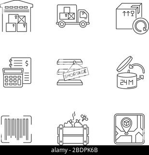 Inventory management pixel perfect linear icons set. Storage place, spoilage and purchase returns. Customizable thin line contour symbols. Isolated Stock Vector